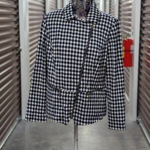 Chico's Medium Blue & White Gingham Check Moto Jacket Blazer Preppy Edgy